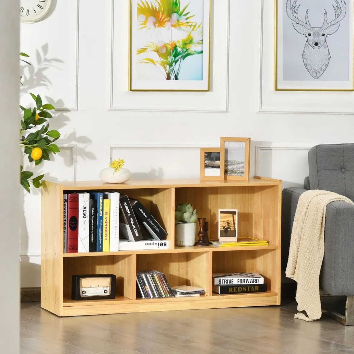 5-fach unterteilter Bücher- & Spielzeugschrank aus Holz Natur 111,5 x 39,5 x 61 cm