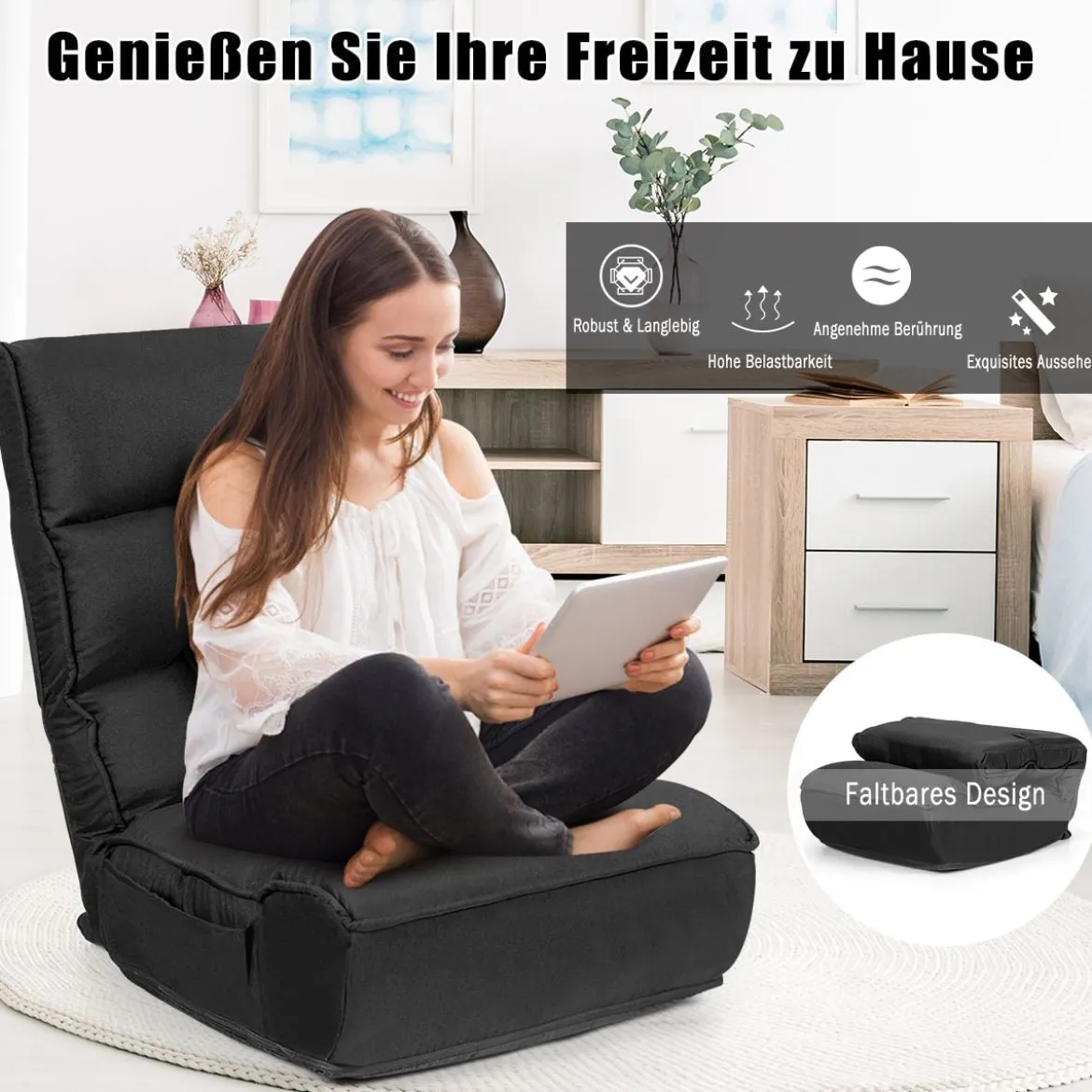 4-fach verstellbarer Boden-Klappstuhl gepolstertes Gaming-Bodensofa Schwarz