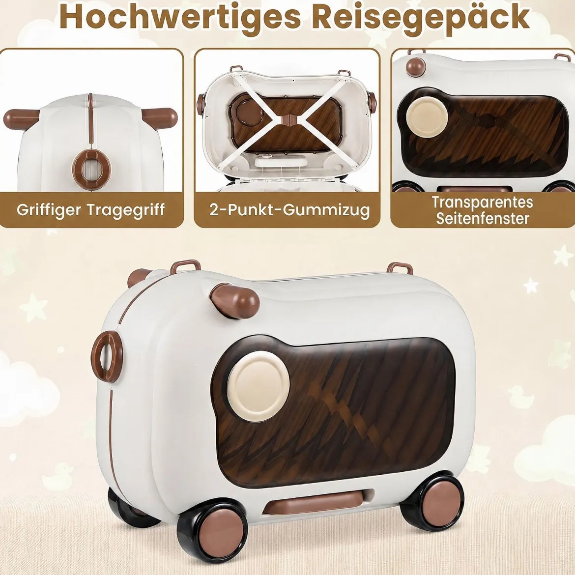 Fahrbarer Kleinkindkoffer mit Rollen Ausklappbaren Seitenpedalen & Sitz 25 kg Belastbarkeit