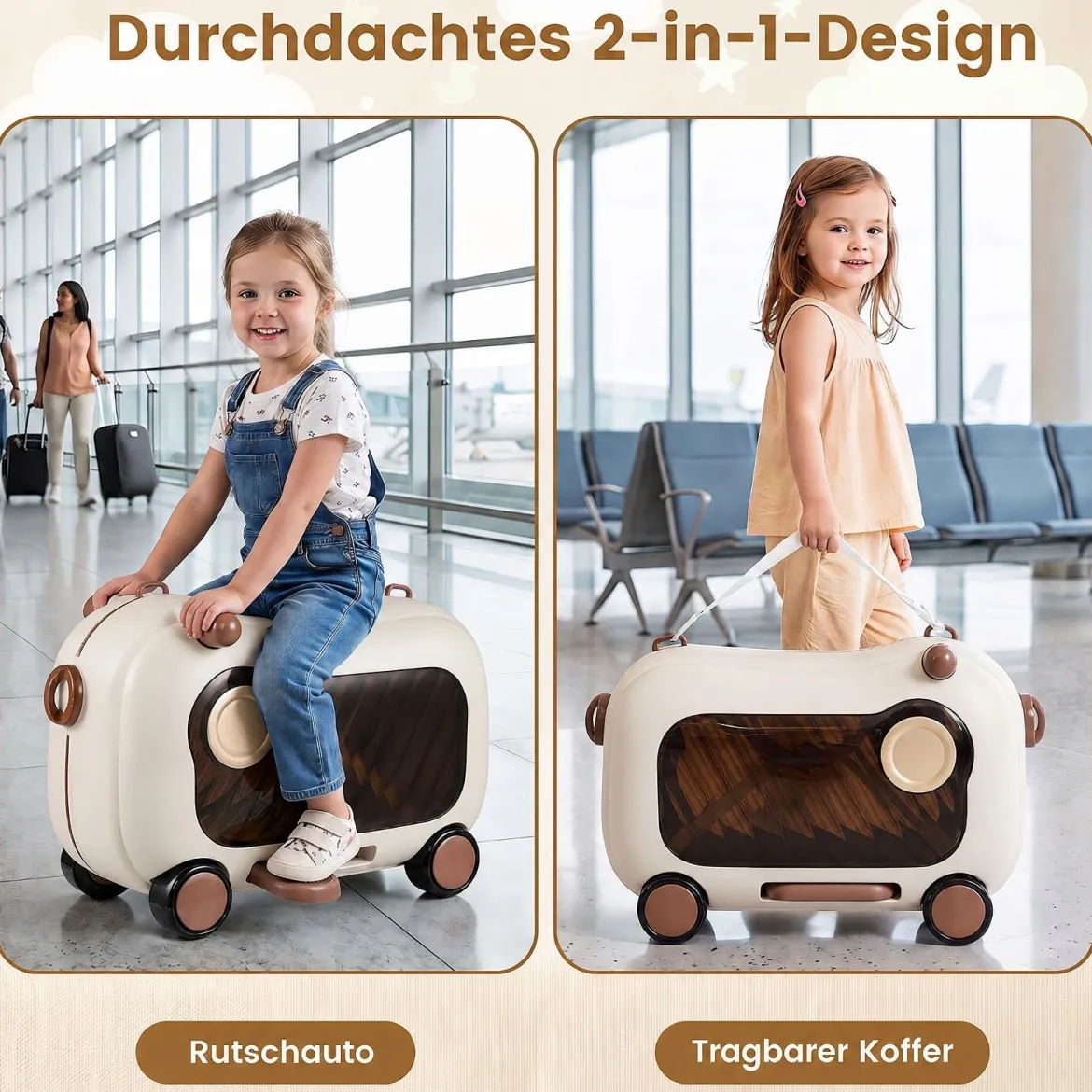 Fahrbarer Kleinkindkoffer mit Rollen Ausklappbaren Seitenpedalen & Sitz 25 kg Belastbarkeit