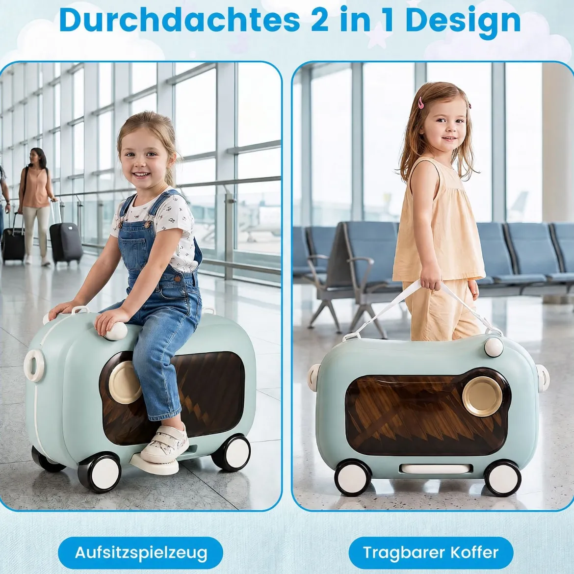 Fahrbarer Kleinkindkoffer mit Rollen Ausklappbaren Seitenpedalen & Sitz 25 kg Belastbarkeit