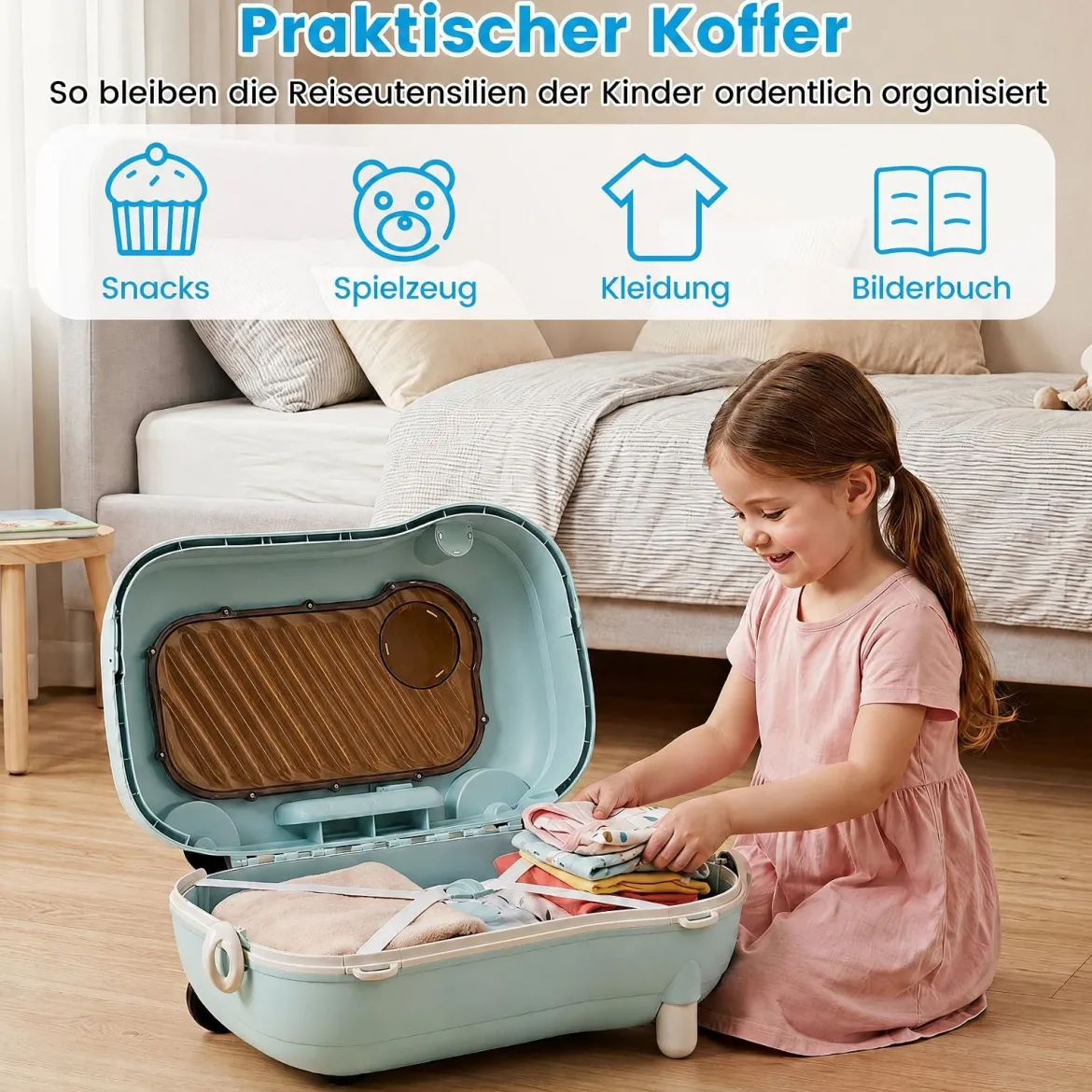 Fahrbarer Kleinkindkoffer mit Rollen Ausklappbaren Seitenpedalen & Sitz 25 kg Belastbarkeit