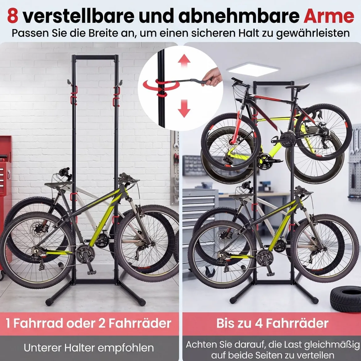 Fahrradständer für 4 Fahrräder Freistehender Fahrradhalter mit Verstellbaren Haken