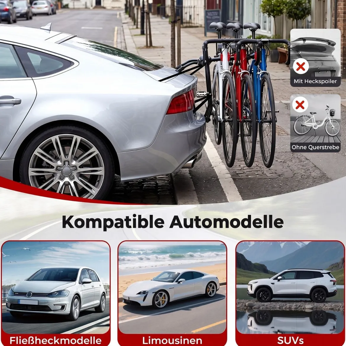 Fahrradträger Heckfahrradträger aus Kohlenstoffstahl für 3 Fahrräder Faltbar 68 x 50 x 61 cm