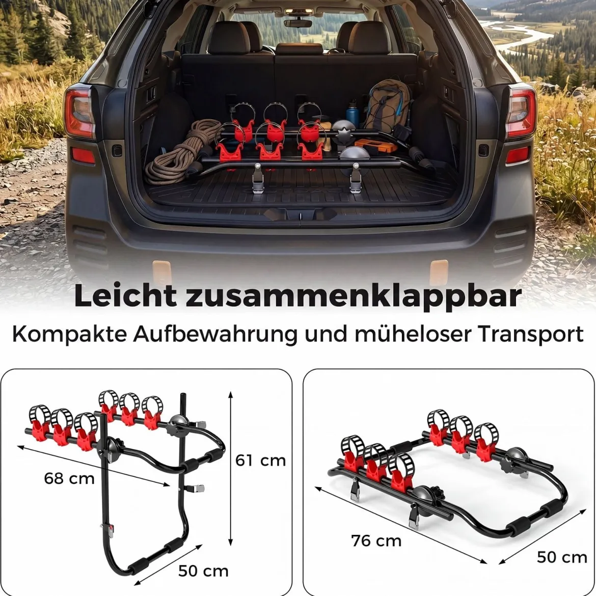 Fahrradträger Heckfahrradträger aus Kohlenstoffstahl für 3 Fahrräder Faltbar 68 x 50 x 61 cm