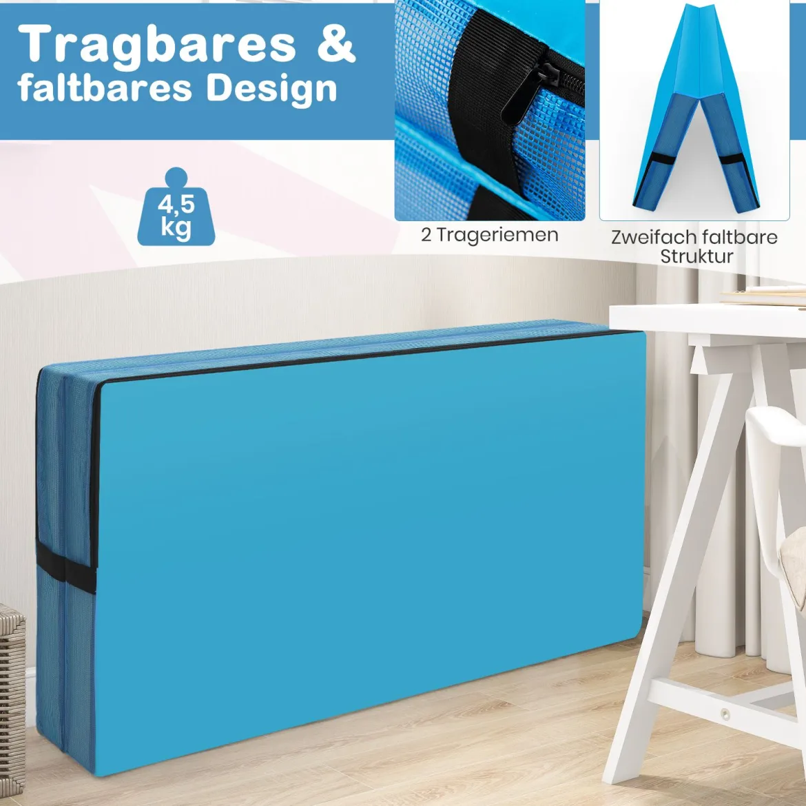 Faltbare Gymnastikmatte 122 x 122 x 10 cm dicke zweifach faltbare Gymnastik-Tumbling-Matte mit Kunstlederbezug Blau