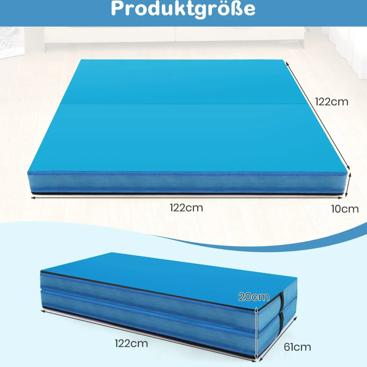 Faltbare Gymnastikmatte 122 x 122 x 10 cm dicke zweifach faltbare Gymnastik-Tumbling-Matte mit Kunstlederbezug Blau