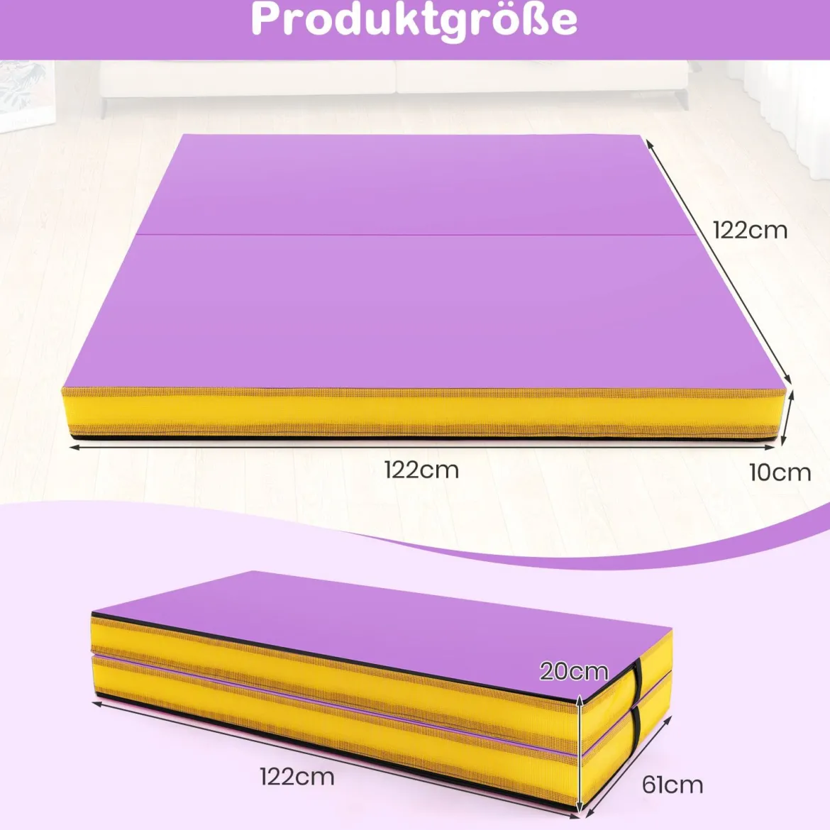 Faltbare Gymnastikmatte 122 x 122 x 10 cm dicke zweifach faltbare Gymnastik-Tumbling-Matte mit Kunstlederbezug Lila