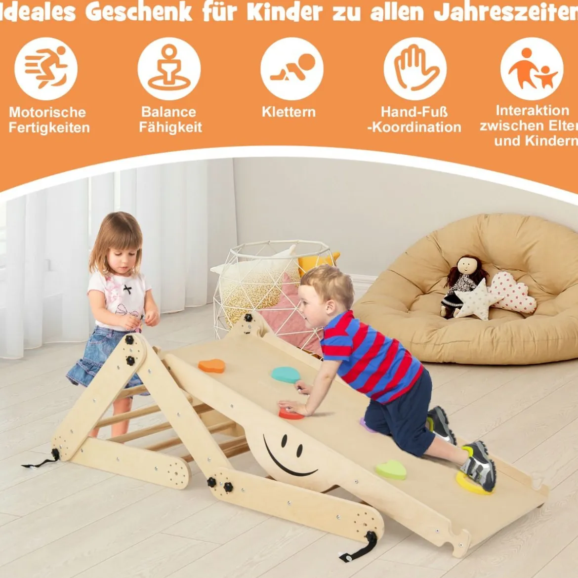 Faltbare Holzkletterer Spielzeuge mit Verstellbarer & Umkehrbarer Rampe Klettergerüst Kletterdreieck