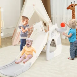 Faltbare Kleinkindrutsche freistehendes Babyrutschen-Klettergerüst mit Basketballkorb Grau