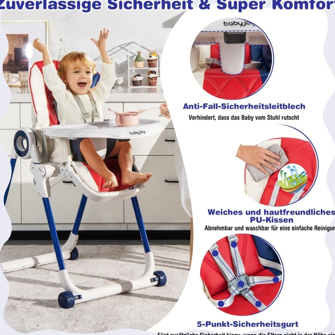 Faltbarer Baby Hochstuhl mit 6 verstellbaren Höhen & abnehmbare Doppeltabletts Bunt