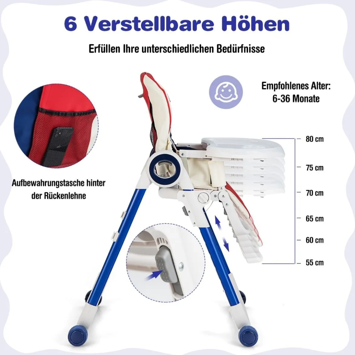 Faltbarer Baby Hochstuhl mit 6 verstellbaren Höhen & abnehmbare Doppeltabletts Bunt
