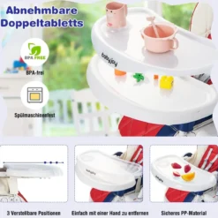 Faltbarer Baby Hochstuhl mit 6 verstellbaren Höhen & abnehmbare Doppeltabletts Bunt