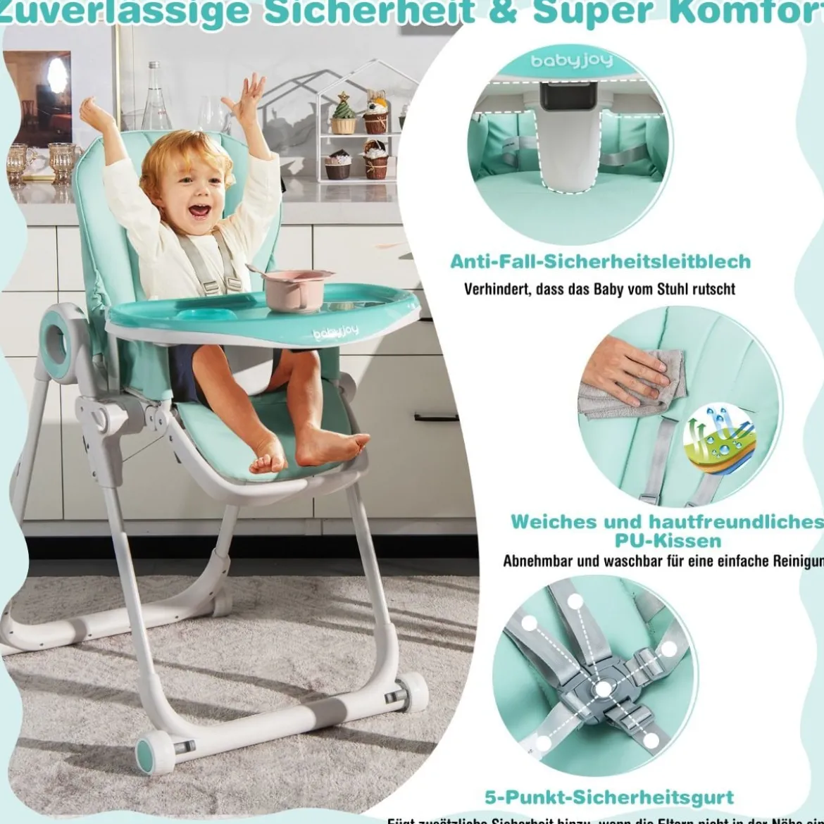 Faltbarer Baby Hochstuhl mit 6 verstellbaren Höhen & abnehmbare Doppeltabletts Grün