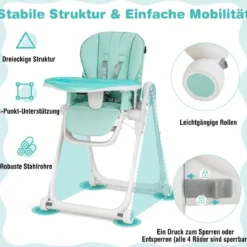 Faltbarer Baby Hochstuhl mit 6 verstellbaren Höhen & abnehmbare Doppeltabletts Grün