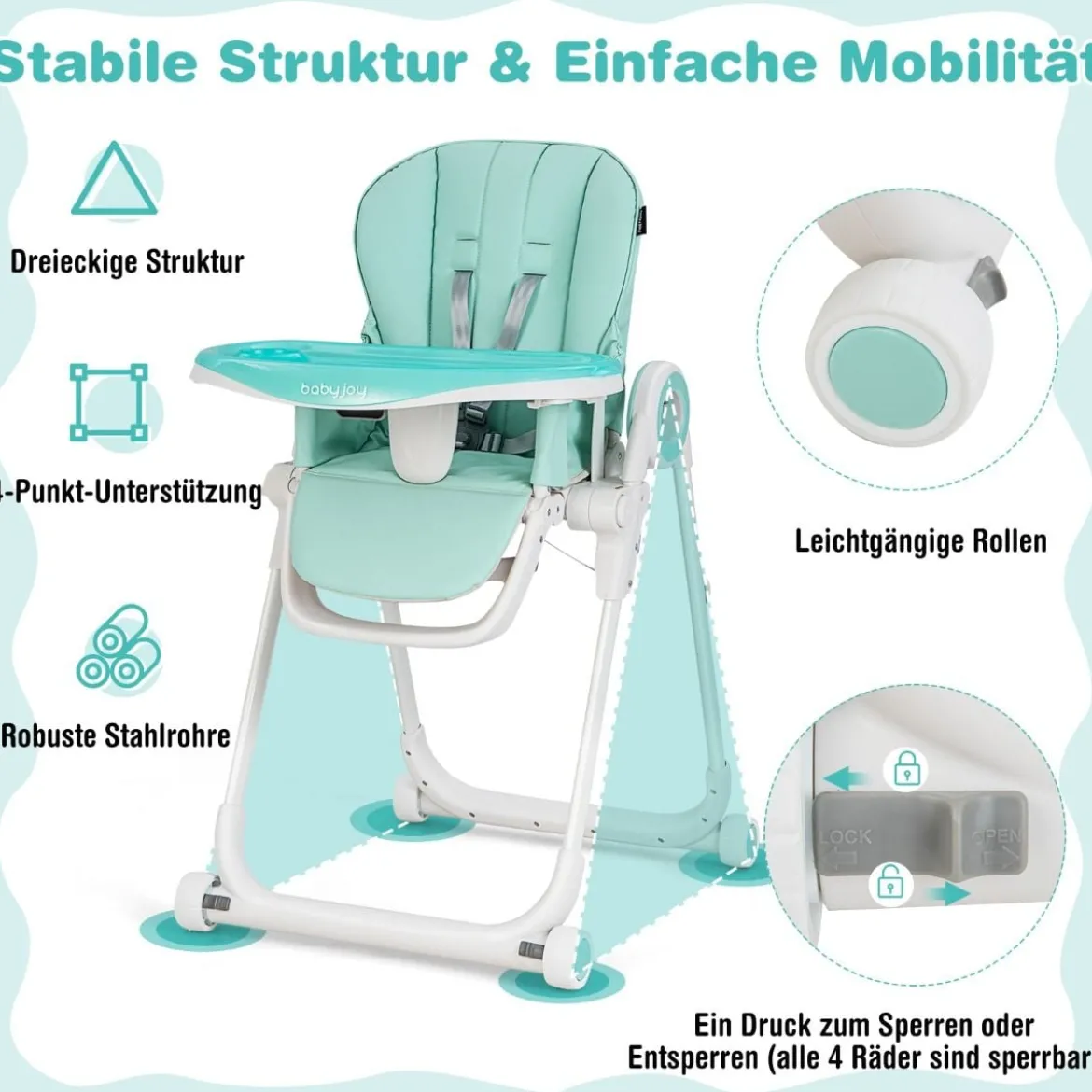 Faltbarer Baby Hochstuhl mit 6 verstellbaren Höhen & abnehmbare Doppeltabletts Grün