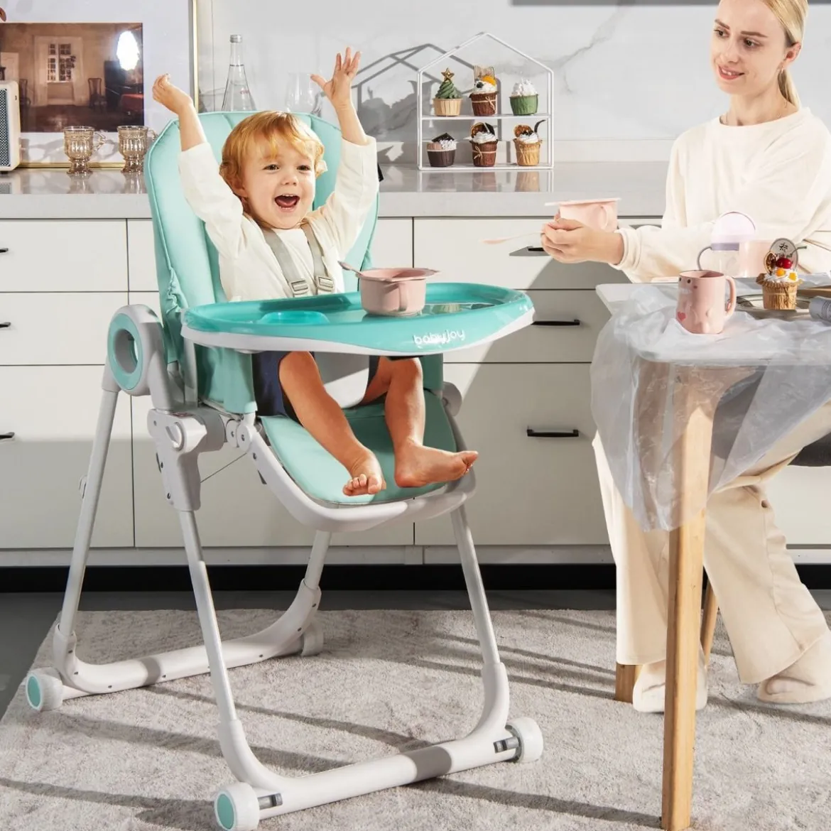 Faltbarer Baby Hochstuhl mit 6 verstellbaren Höhen & abnehmbare Doppeltabletts Grün