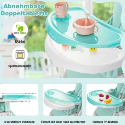 Faltbarer Baby Hochstuhl mit 6 verstellbaren Höhen & abnehmbare Doppeltabletts Grün
