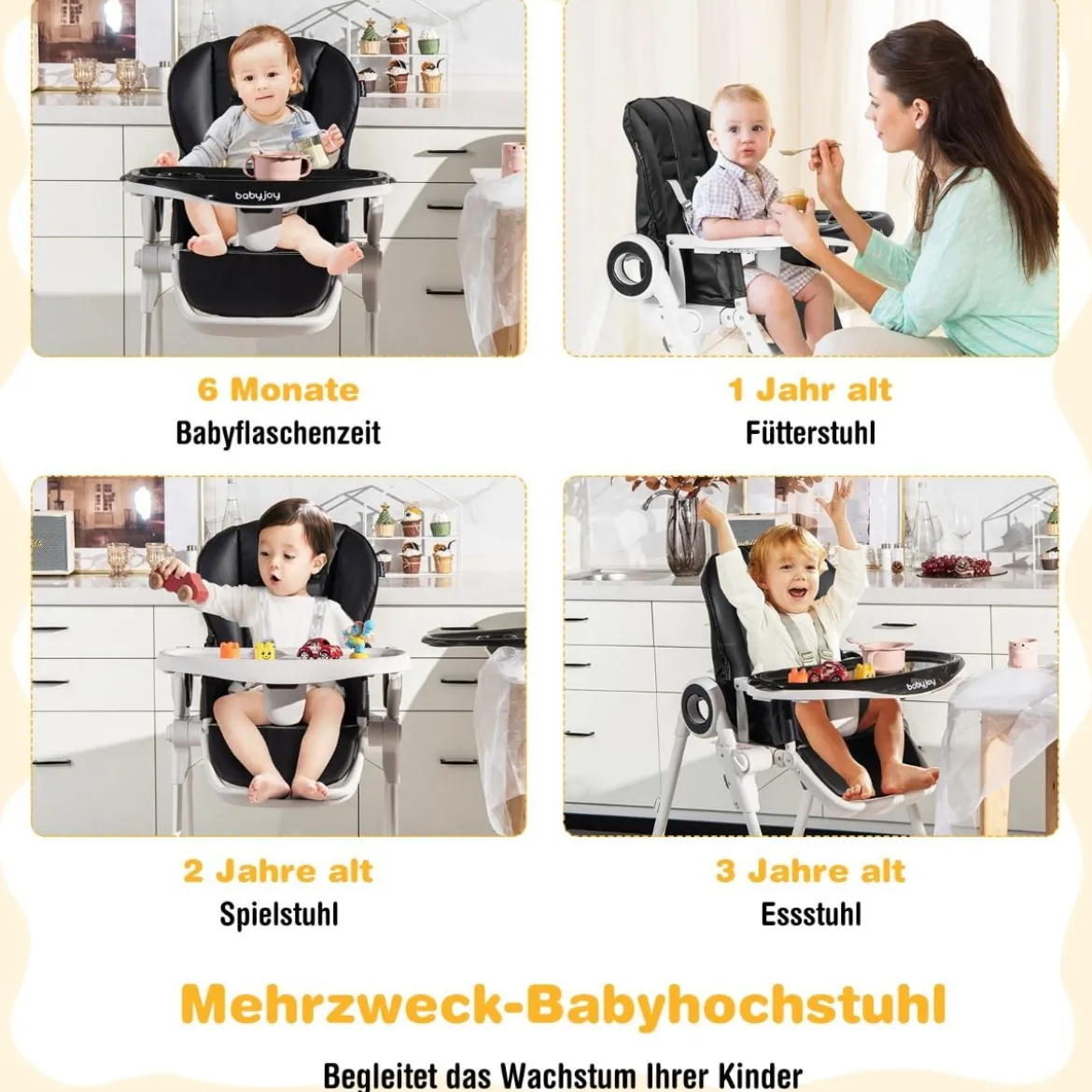 Faltbarer Baby Hochstuhl mit 6 verstellbaren Höhen & abnehmbare Doppeltabletts Schwarz
