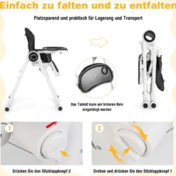 Faltbarer Baby Hochstuhl mit 6 verstellbaren Höhen & abnehmbare Doppeltabletts Schwarz