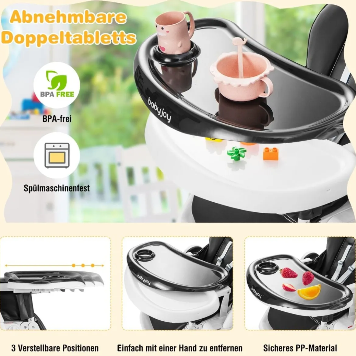 Faltbarer Baby Hochstuhl mit 6 verstellbaren Höhen & abnehmbare Doppeltabletts Schwarz