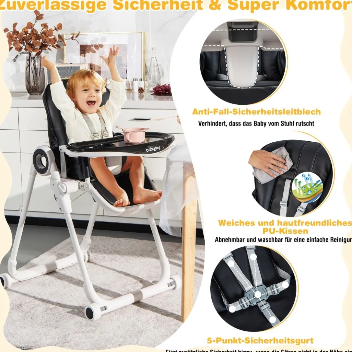 Faltbarer Baby Hochstuhl mit 6 verstellbaren Höhen & abnehmbare Doppeltabletts Schwarz