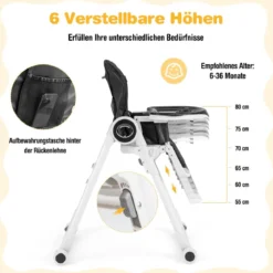 Faltbarer Baby Hochstuhl mit 6 verstellbaren Höhen & abnehmbare Doppeltabletts Schwarz