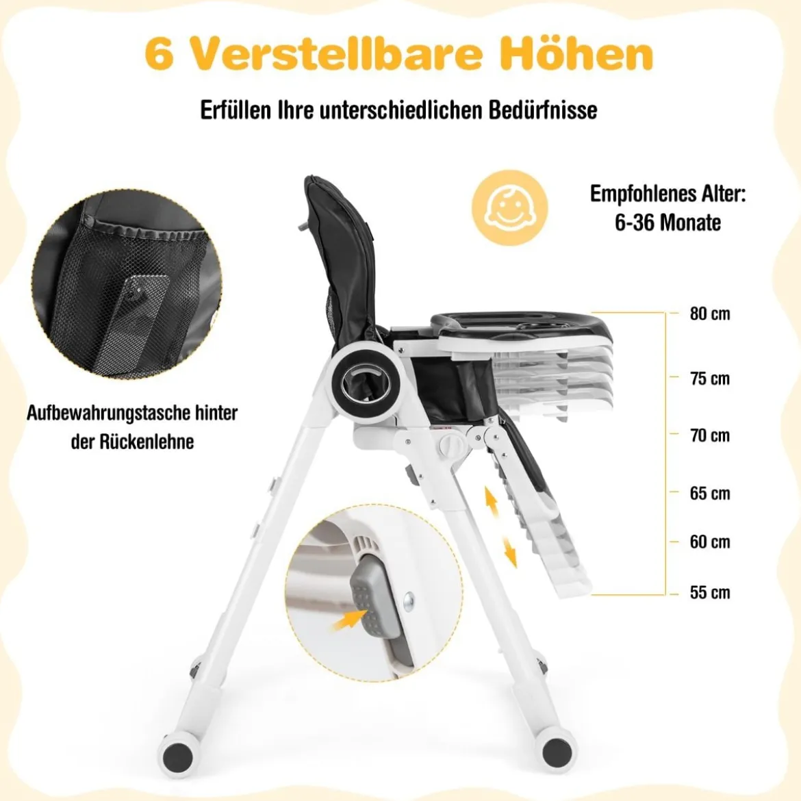 Faltbarer Baby Hochstuhl mit 6 verstellbaren Höhen & abnehmbare Doppeltabletts Schwarz