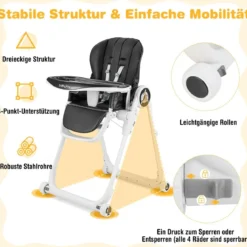 Faltbarer Baby Hochstuhl mit 6 verstellbaren Höhen & abnehmbare Doppeltabletts Schwarz