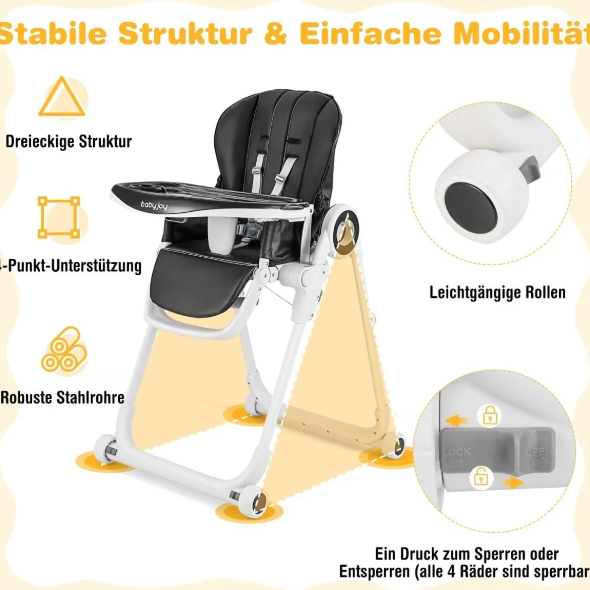 Faltbarer Baby Hochstuhl mit 6 verstellbaren Höhen & abnehmbare Doppeltabletts Schwarz