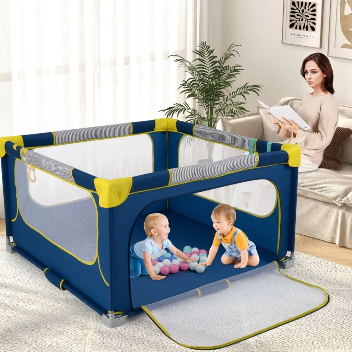 Faltbarer Baby Laufstall mit 50 Bälle & 4 Griffe & Reißverschlusstor Laufgitter Krabbelgitter Blau