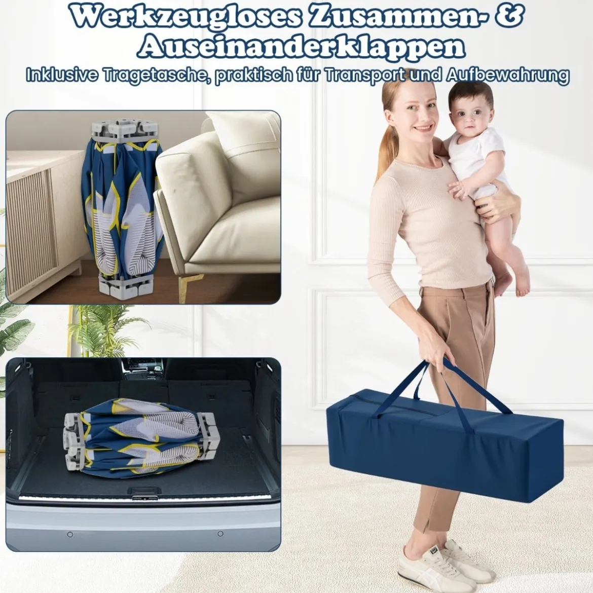 Faltbarer Baby Laufstall mit 50 Bälle & 4 Griffe & Reißverschlusstor Laufgitter Krabbelgitter Blau