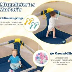 Faltbarer Baby Laufstall mit 50 Bälle & 4 Griffe & Reißverschlusstor Laufgitter Krabbelgitter Blau