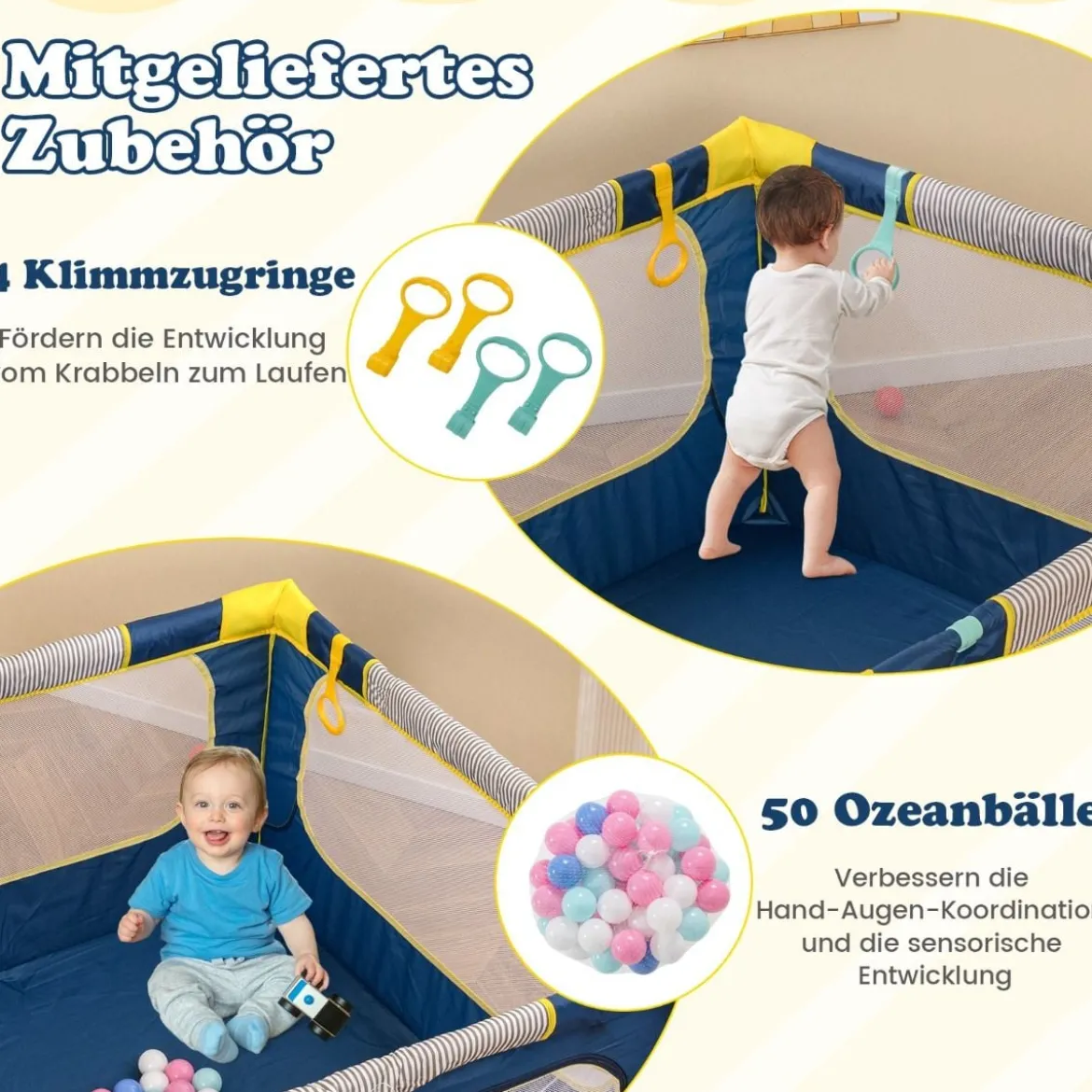 Faltbarer Baby Laufstall mit 50 Bälle & 4 Griffe & Reißverschlusstor Laufgitter Krabbelgitter Blau