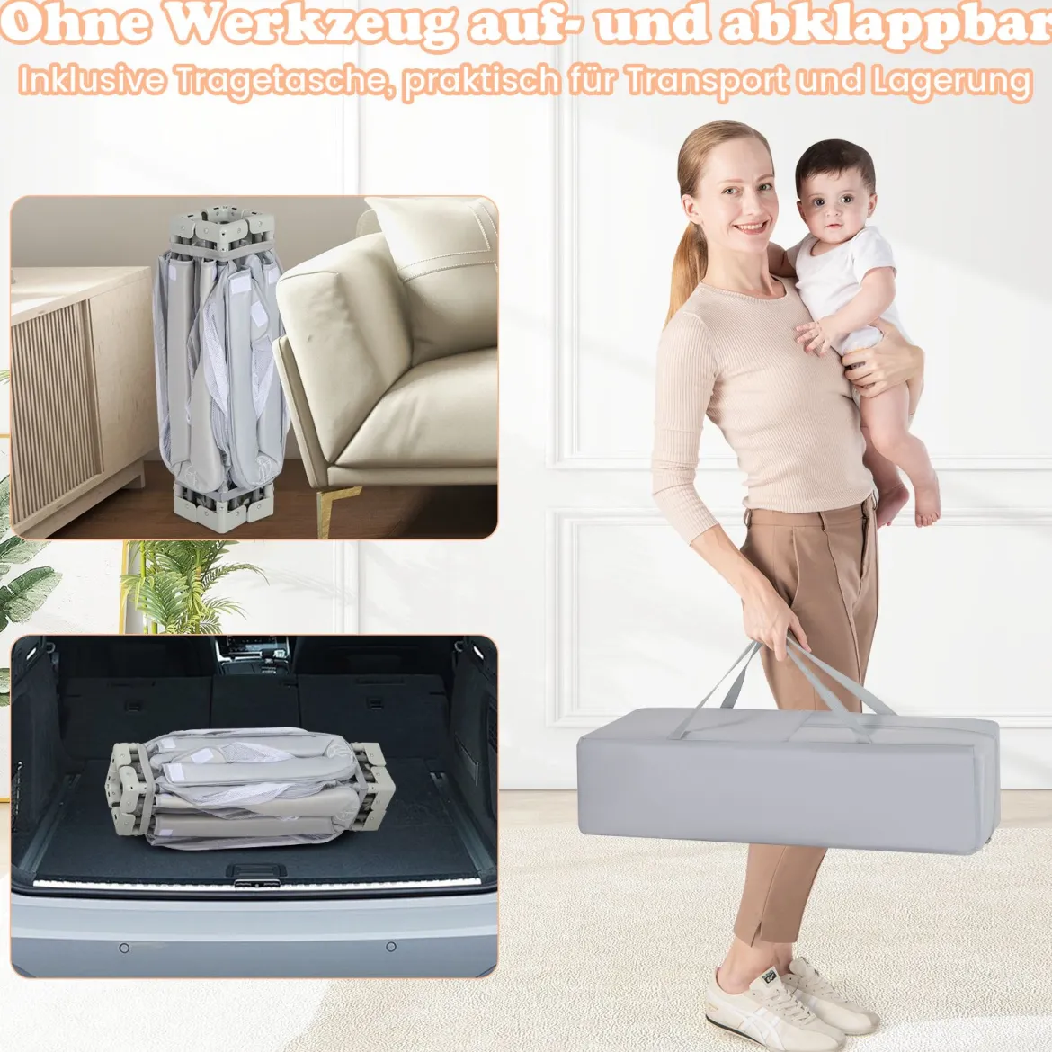 Faltbarer Baby Laufstall mit 50 Bälle & 4 Griffe & Reißverschlusstor Laufgitter Krabbelgitter Grau
