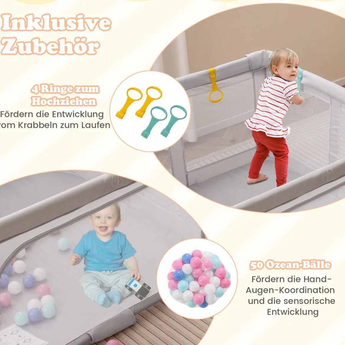 Faltbarer Baby Laufstall mit 50 Bälle & 4 Griffe & Reißverschlusstor Laufgitter Krabbelgitter Grau