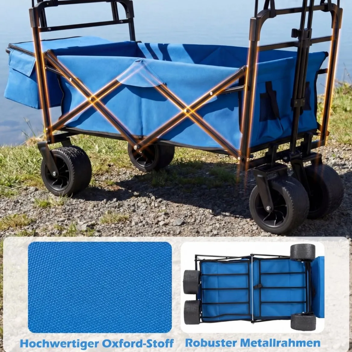Faltbarer Bollerwagen mit abnehmbarer Dach Transportwagen mit verstellbaren Griffen Blau