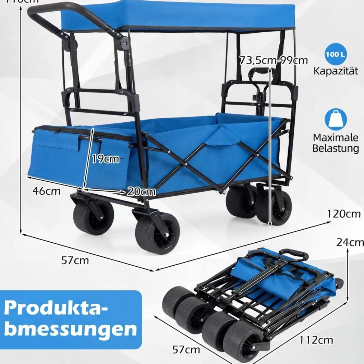 Faltbarer Bollerwagen mit abnehmbarer Dach Transportwagen mit verstellbaren Griffen Blau