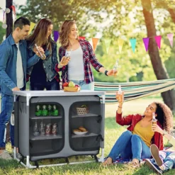 Faltbarer Campingschrank mit 3-stöckigen Regalen & Tragetasche Camping Faltschrank Grau