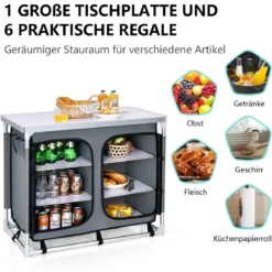 Faltbarer Campingschrank mit 3-stöckigen Regalen & Tragetasche Camping Faltschrank Grau