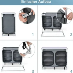 Faltbarer Campingschrank mit 3-stöckigen Regalen & Tragetasche Camping Faltschrank Grau