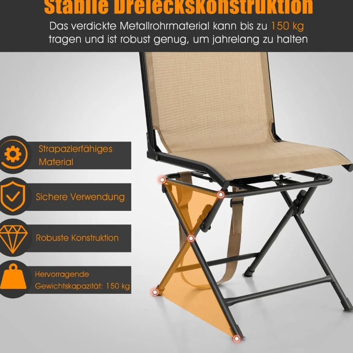 Faltbarer Campingstuhl 360° Drehbar & Wetterfest mit Metallrahmen Jagdstuhl Faltstuhl Braun