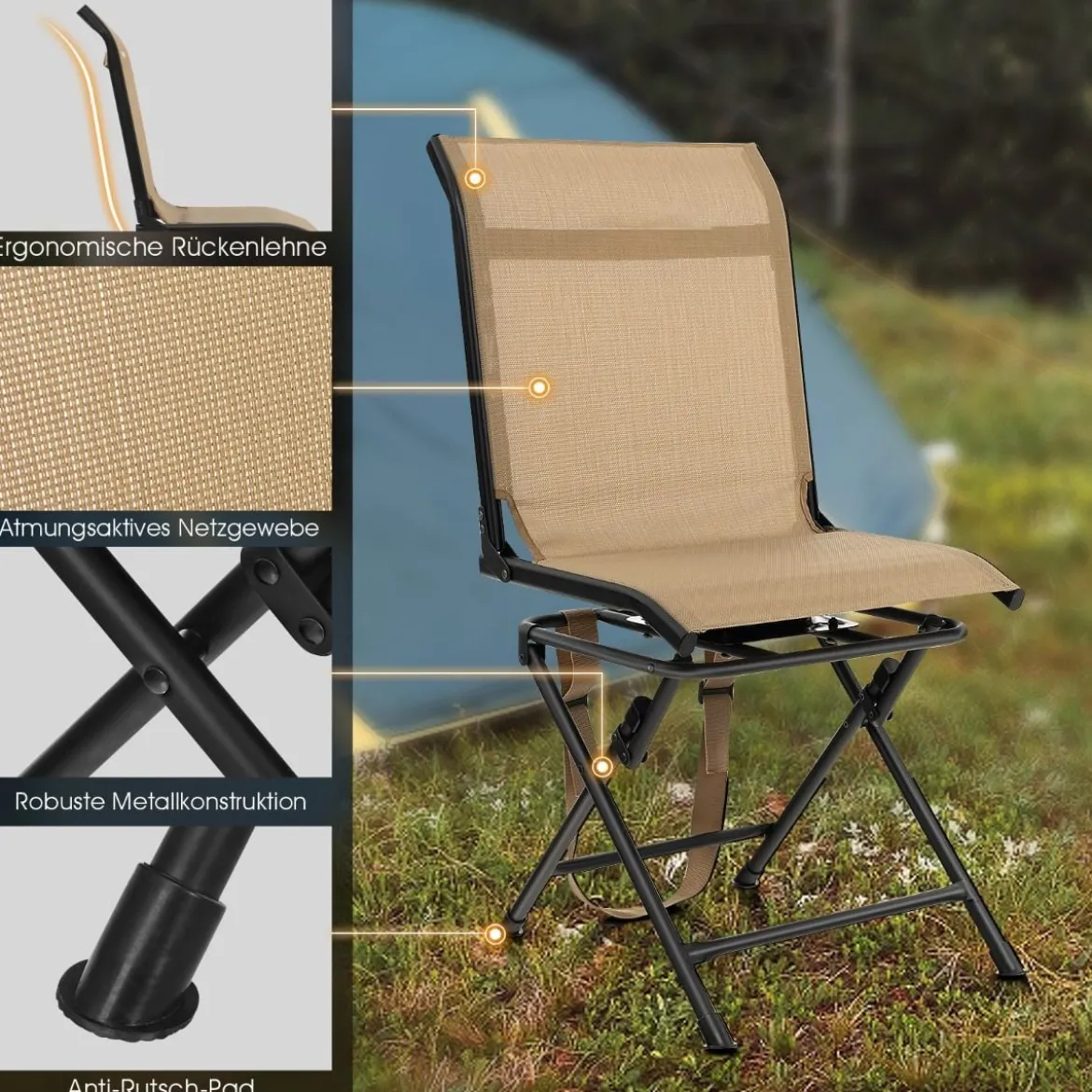 Faltbarer Campingstuhl 360° Drehbar & Wetterfest mit Metallrahmen Jagdstuhl Faltstuhl Braun
