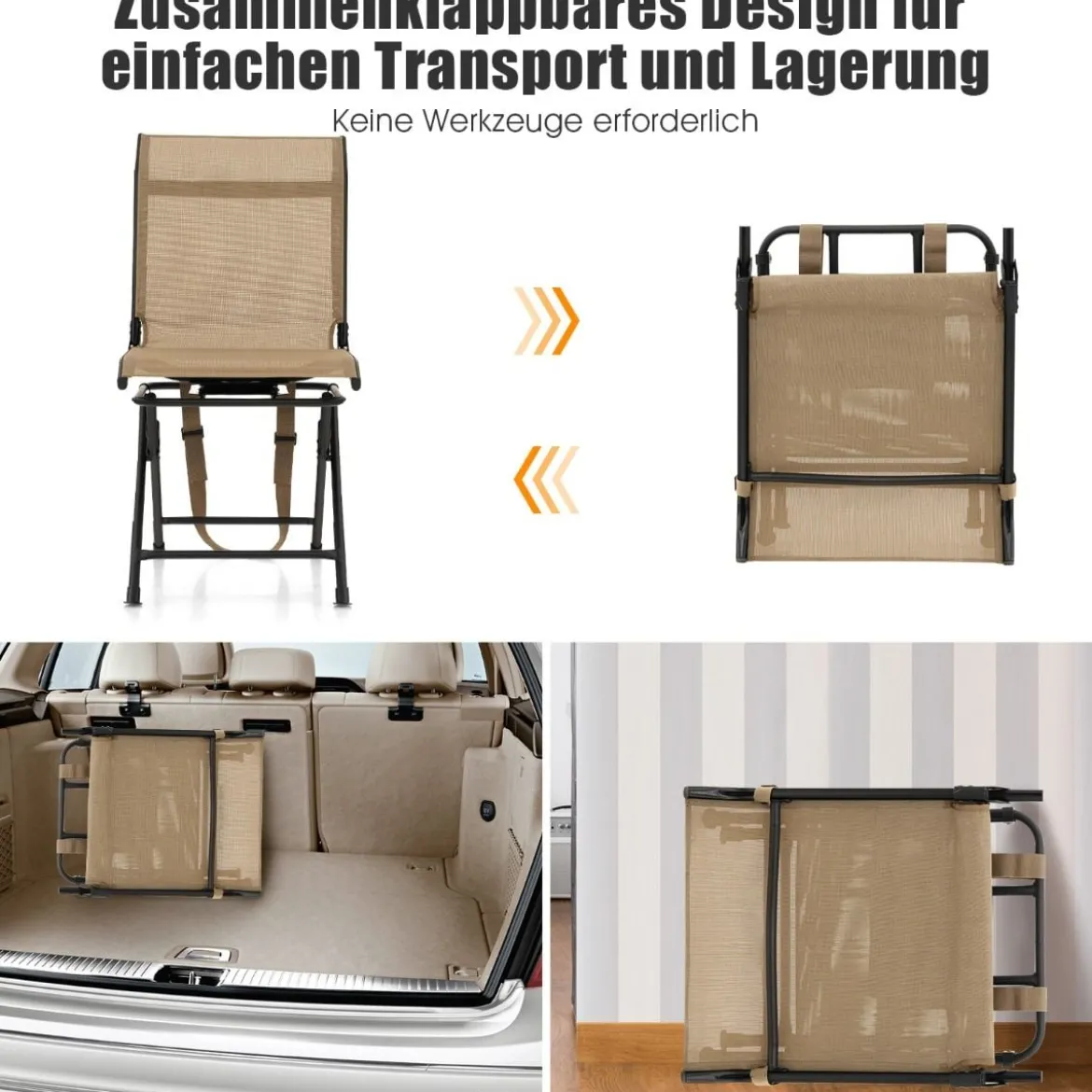 Faltbarer Campingstuhl 360° Drehbar & Wetterfest mit Metallrahmen Jagdstuhl Faltstuhl Braun