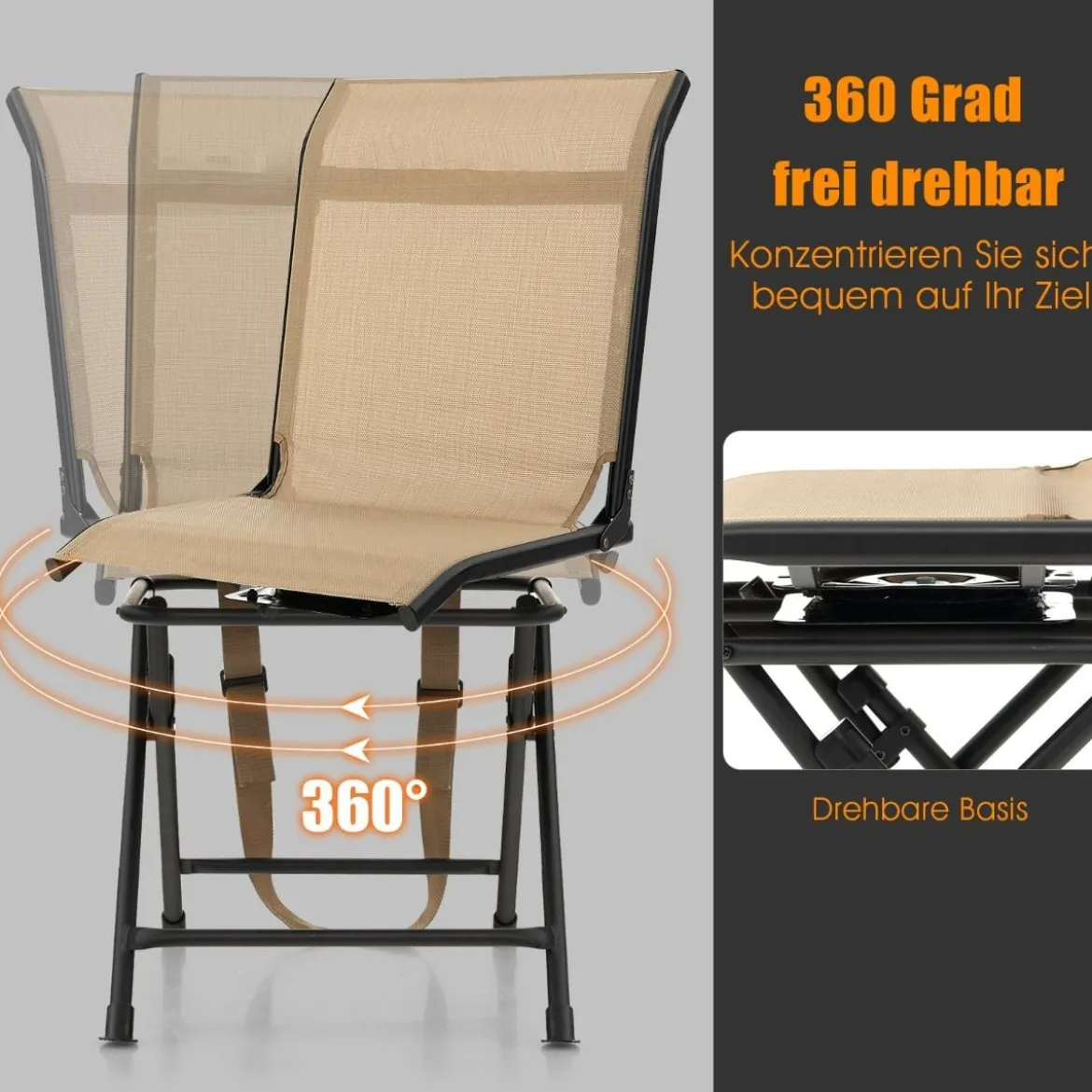 Faltbarer Campingstuhl 360° Drehbar & Wetterfest mit Metallrahmen Jagdstuhl Faltstuhl Braun