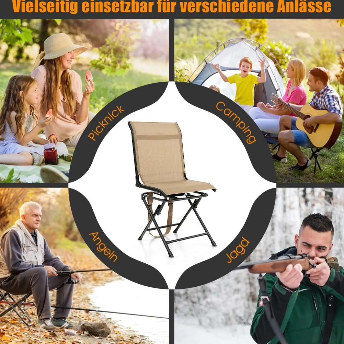 Faltbarer Campingstuhl 360° Drehbar & Wetterfest mit Metallrahmen Jagdstuhl Faltstuhl Braun