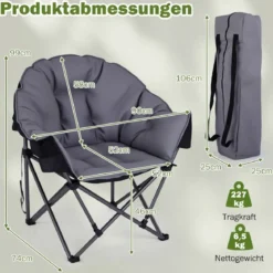 Faltbarer Campingstuhl 227KG Belastbar Gepolsterter Klappstuhl Übergroßer Angelstuhl Grau