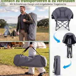 Faltbarer Campingstuhl 227KG Belastbar Gepolsterter Klappstuhl Übergroßer Angelstuhl Grau