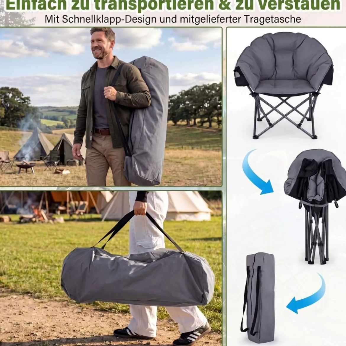 Faltbarer Campingstuhl 227KG Belastbar Gepolsterter Klappstuhl Übergroßer Angelstuhl Grau