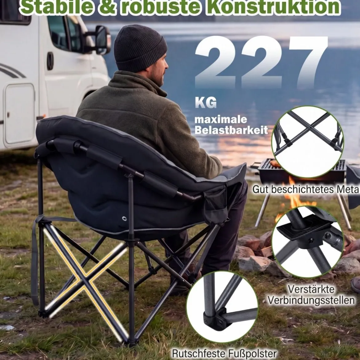 Faltbarer Campingstuhl 227KG Belastbar Gepolsterter Klappstuhl Übergroßer Angelstuhl Grau
